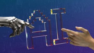 Word AI with a human and robot hand touching it